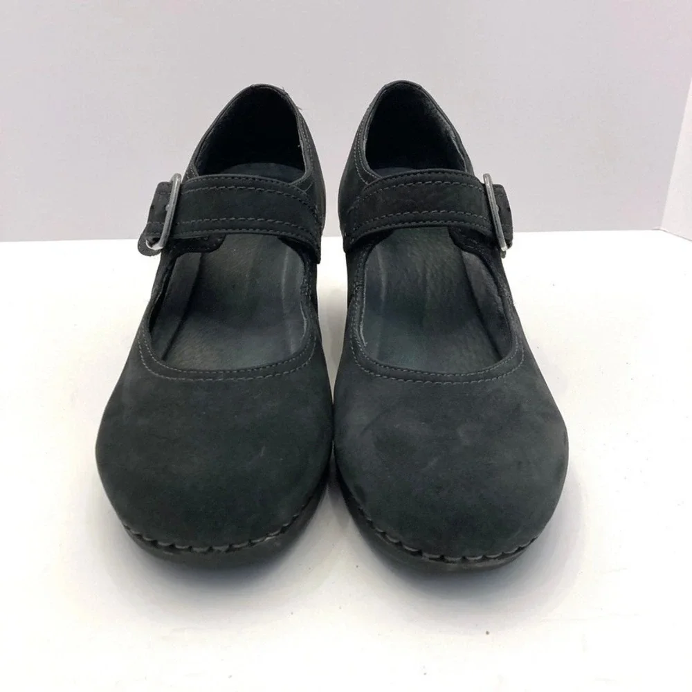 Dansko Sandra Black Nubuck Leather Wedge Heel Mary Jane Womens 7.5 EU38